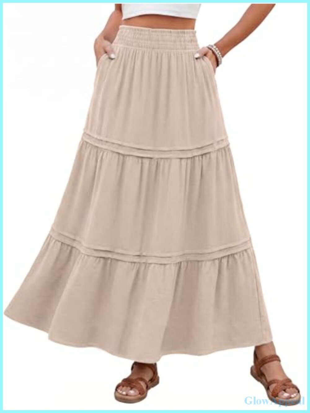 Simplee Womens Tiered Maxi Skirt Smocked High Waist A-Line